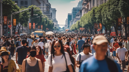 Generative AI : Blurred background crowd people walking shopping at outdoor shady walking street market in the city Summer Holiday shopping in Koreaの素材