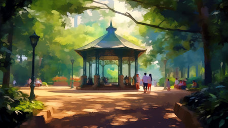 Generative AI : Blurred background of people in park spring and summer seasonの素材