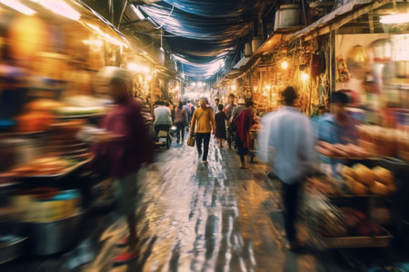 Generative AI : Blurred background of people shopping at street marketの素材