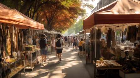 Generative AI : Blurred background people walking shopping at outdoor shady walking street market in the city Summer Holiday shopping in Koreaの素材