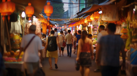 Generative AI : Blurred background of people walking at street market colorful backgroundの素材