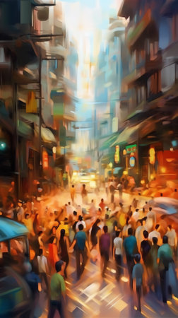 Generative AI : Blurred background people walking at outdoor street market business area in the city Crowd street in Korea Summer Holiday Shoppingの素材