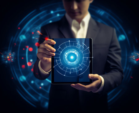 Generative AI : Business Intelligence Bi Artificial Intelligence Ai Digital marketing business strategy and technology concept Businessman using digital tablet and laptop computerの素材