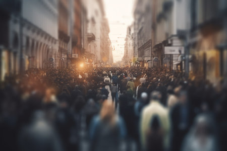 Generative AI : Blurred background of traffic jam on the road and people walking on sidewalk in cityの素材