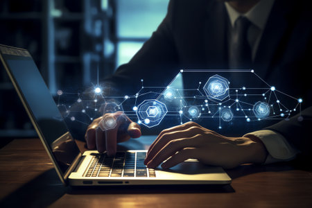 Generative AI : Business Intelligence data science global business digital technology concept Businessman working on laptop computer planning with global network technology and bigの素材