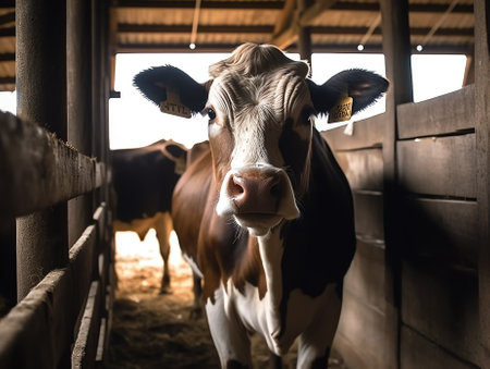 Generative AI : Brown young calf in barn penの素材
