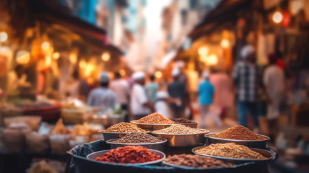 Generative AI : Blurred background of people walking at street market colorful backgroundの素材