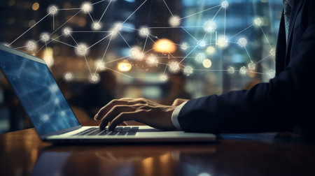 Generative AI : Business Intelligence businessman using laptop computer with global network data exchange digital technology data science and digital marketing Investment on globalの素材