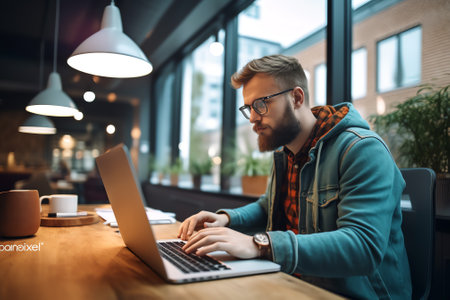 Generative AI : Business and technology concept Pensive casual business man freelancer programmer using smart mobile phone while working on laptop computer thinking about his projeの素材