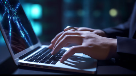 Generative AI : Business and Artificial Intelligence AI Data Science Digital Technology concept Businessman working with laptop computer and big data global internet network busineの素材