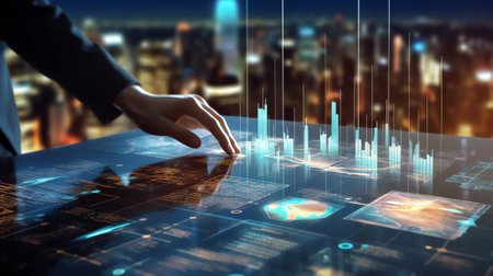 Generative AI : Business analysis finance investment estate development financial background Businessman finance analyst using digital tablet with marketing report financial graphの素材