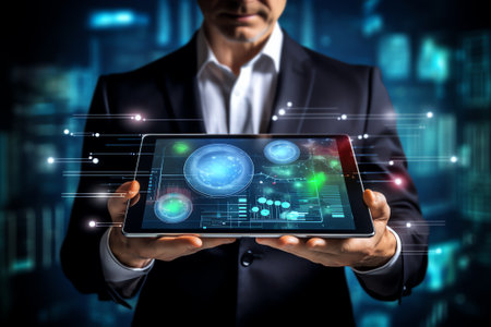 Generative AI : Business Intelligence Bi Artificial Intelligence Ai Digital marketing business strategy and technology concept Businessman using digital tablet and laptop computerの素材