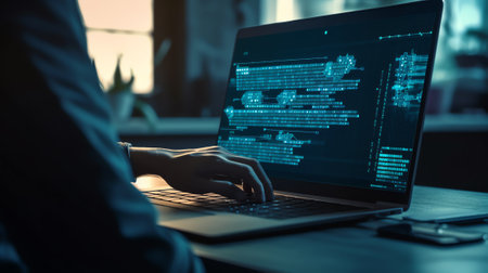 Generative AI : Business and technology digital software development IoT Man programmer coding software developer working on laptop computer with binary html computer code on virtuの素材