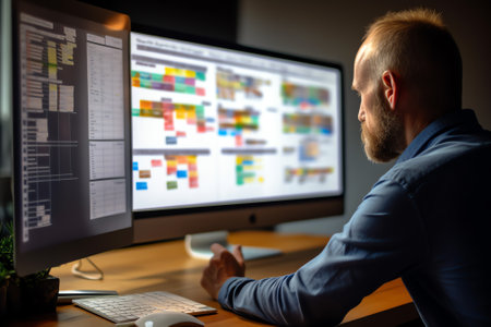 Generative AI : Business developer using Kanban board framework on laptop computer Agile software development lean project management tool for fast changes project management conceの素材