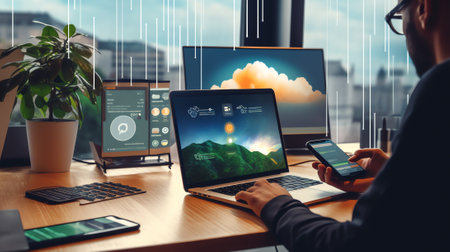 Generative AI : Business and technology software development IoT concept Man programmer coding software developer working mobile apps on mobile phone and laptop computer with binarの素材