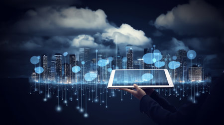 Generative AI : Business and technology cloud computing IoT Internet of Things Global network concept Business man using mobile smart phone and working on laptop computer with modeの素材