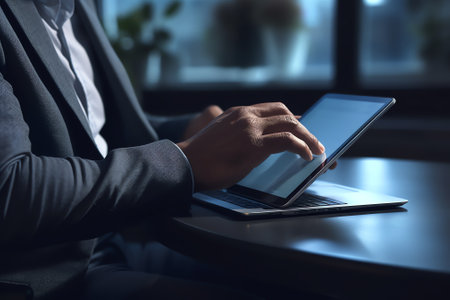 Generative AI : Business and technology concept Multitasking business man taking note on digital tablet with electronic pen and using mobile smart phone while working on laptop comの素材
