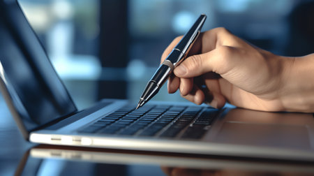 Generative AI : Business digital technology electronic signature signing contract concept Close up of business man with stylus pen signing on digital tablet mobile app and workingの素材