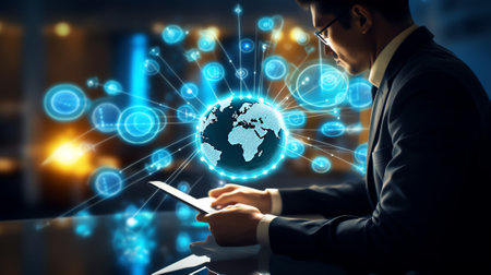 Generative AI : Business and technology cloud computing IoT Internet of Things Global network concept Business man using mobile smart phone and working on laptop computer with modeの素材