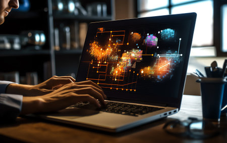 Generative AI : Business intelligence BI artificial intelligence AI Internet of Things IoT concept Man working on laptop in office Background of digital screen big data diagram finの素材