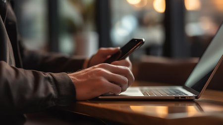 Generative AI : Business man freelance using blank mobile smart phone screen and working on laptop computer in modern office stratup business internet network communication conceptの素材
