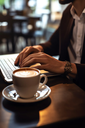 Generative AI : Business man hand using and touching on mobile smart phone working on laptop computer in coffee shop Casual businessman chatting via smartphone application internetの素材