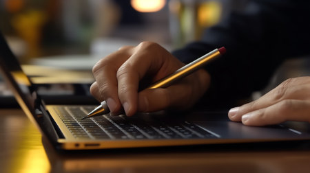 Generative AI : Business man executive manager hand with a pen writing on notepad working in modern office with laptop computer and digital tablet on desk project planning work proの素材