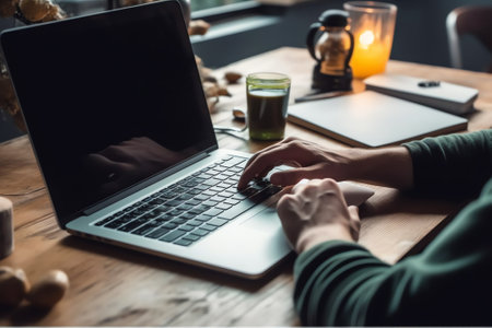 Generative AI : Business man hand working on laptop computer with cup of coffee on wooden office desk Freelance networking browsing internet at home close up dark tone Online workiの素材