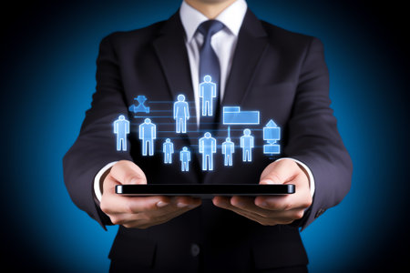 Generative AI : Business man using mobile smart phone with internet network globalization web icons on screen on cityscape background omnichannel multichannel marketing e commerceの素材