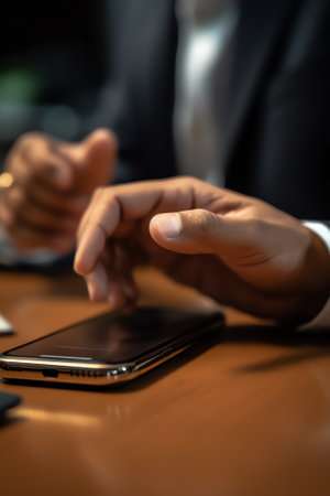 Generative AI : Business man hand using and touching on mobile smart phone working on laptop computer in coffee shop Casual businessman chatting via smartphone application internetの素材
