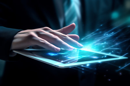 Generative AI : Business man touching mobile smart phone screen and working on laptop computer in blue tone with internet network technology connection data transfer futuristic intの素材