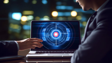 Generative AI : Business man pointing with a pen and working on laptop computer business data analysis information review business strategy analysis concept modern technology in smの素材