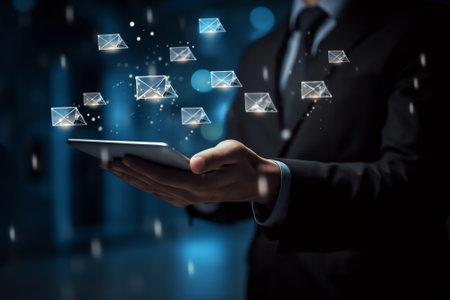 Generative AI : Business man working at office using digital tablet and mobile smart phone with email icons on virtual screen sending email Direct marketing online message Email elの素材