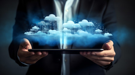 Generative AI : Businessman in black suit using mobile smart phone and working on laptop computer close up business data linked cloud storage technology conceptの素材