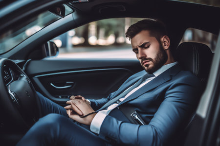 Generative AI : Businessman executive manager working on laptop computer and using mobile smart phone inside a car portable office business concept Corporate man lawyer going to woの素材