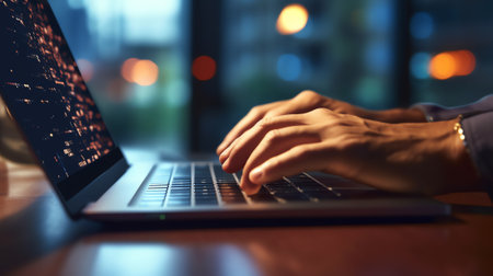 Generative AI : Businessman hand working on laptop computer typing keyboard writing on notebook planning his work in modern office close up Project manager corporate man proofing bの素材