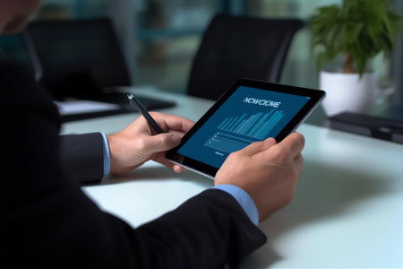 Generative AI : Businessman hand working with stylus pen on digital tablet with laptop computer in modern office close up Business man signing contract on tablet pc via mobile appsの素材