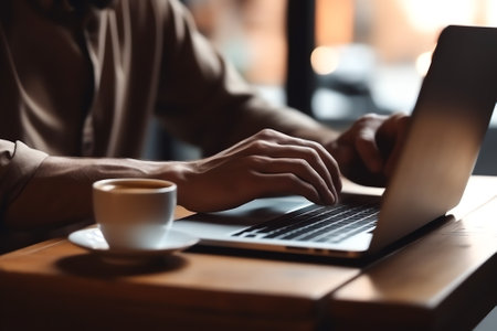 Generative AI : Business workspace modern lifestyle concept Cup of coffee and open laptop computer on wooden table business man working in coffee shop coworking space as backgroundの素材