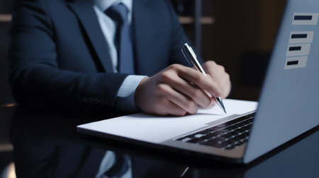 Generative AI : Businessman lawyer in black suit with stylus pen signing contract electronic document on digital tablet working on laptop in office electronics signature Business mの素材