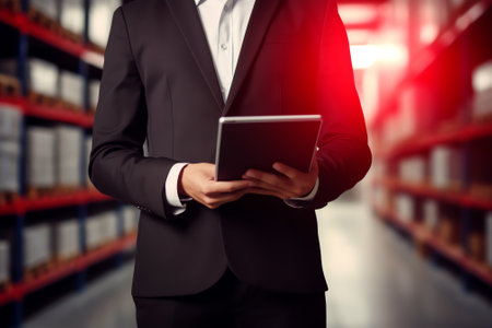 Generative AI : Businessman good looking man in black suit hand and tie with stylus pen standing using digital tablet in modern office plenty of copy space for business and technolの素材