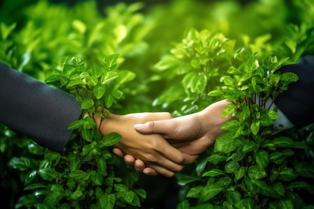 Generative AI : Businessman partnership making handshake agreement for reduce CO2 emissions carbon footprint climate change to limit global warming Sustainable development and innoの素材