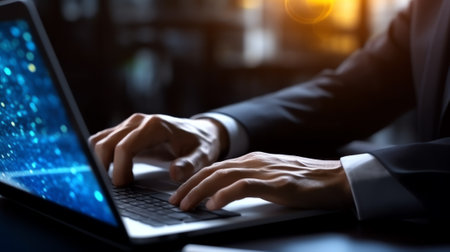 Generative AI : Businessman project manager working on laptop computer writing on paper notepad planning new work in office Business man typing on laptop keyboard searching interneの素材