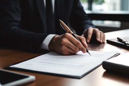 Generative AI : Businessman signing business contract or partnership agreement with digital tablet mobile smartphone and laptop computer on desk Male manager proofing business docuの素材