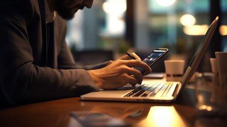 Generative AI : Businessman using mobile smart phone holding a pen working on laptop computer browsing internet with digital tablet on desk in office Man working on electronics devの素材