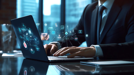 Generative AI : Businessman working on laptop computer and mobile smartphone with screen reflection digital data transference online working IOT internet of things concept warm tonの素材