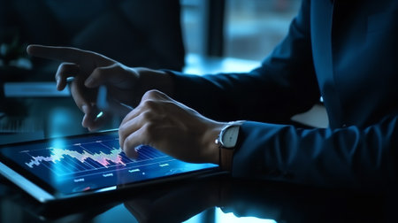 Generative AI : Businessman using electronic devices in office Corporate man reviewing business report touching on digital tablet busy working on laptop computer with mobile smartの素材