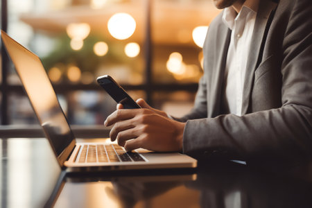 Generative AI : Casual business man browsing internet on smart phone writing on notebook working on laptop computer book on table in coffee shop or cafe work from cafe anywhere off