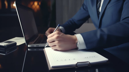 Generative AI : Businessman writing note on paper notebook while working on laptop computer in office Project manager planning his work on notepad mobile phone and financial documeの素材