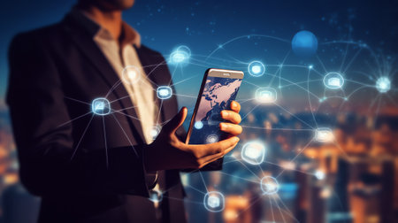 Generative AI : Businessman using mobile smart phone searching location on map and pin above blue tone city scape and network connection internet of things globalization satelliteの素材