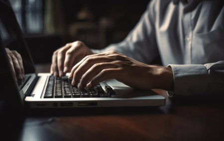 Generative AI : Casual business man clicking wireless computer mouse laptop computer on wooden office table working from home e business social media internet network communicationの素材